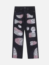 LUXENFY™ - American Vintage Broken Ring Frayed Edge Splicing Cashew Flower Washed Jeans luxenfy.com