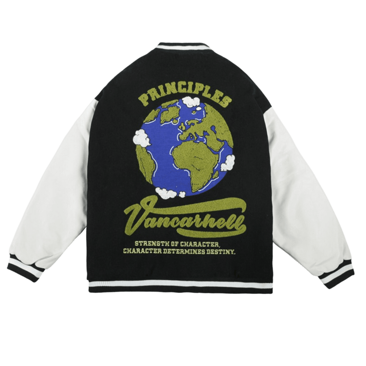 LUXENFY™ - Black Embroidery Earth Patchwork Varsity Jacket luxenfy.com