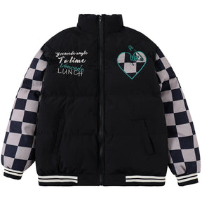LUXENFY™ - Checkerboard Sleeves Paper Clip Print Puffer Jacket luxenfy.com