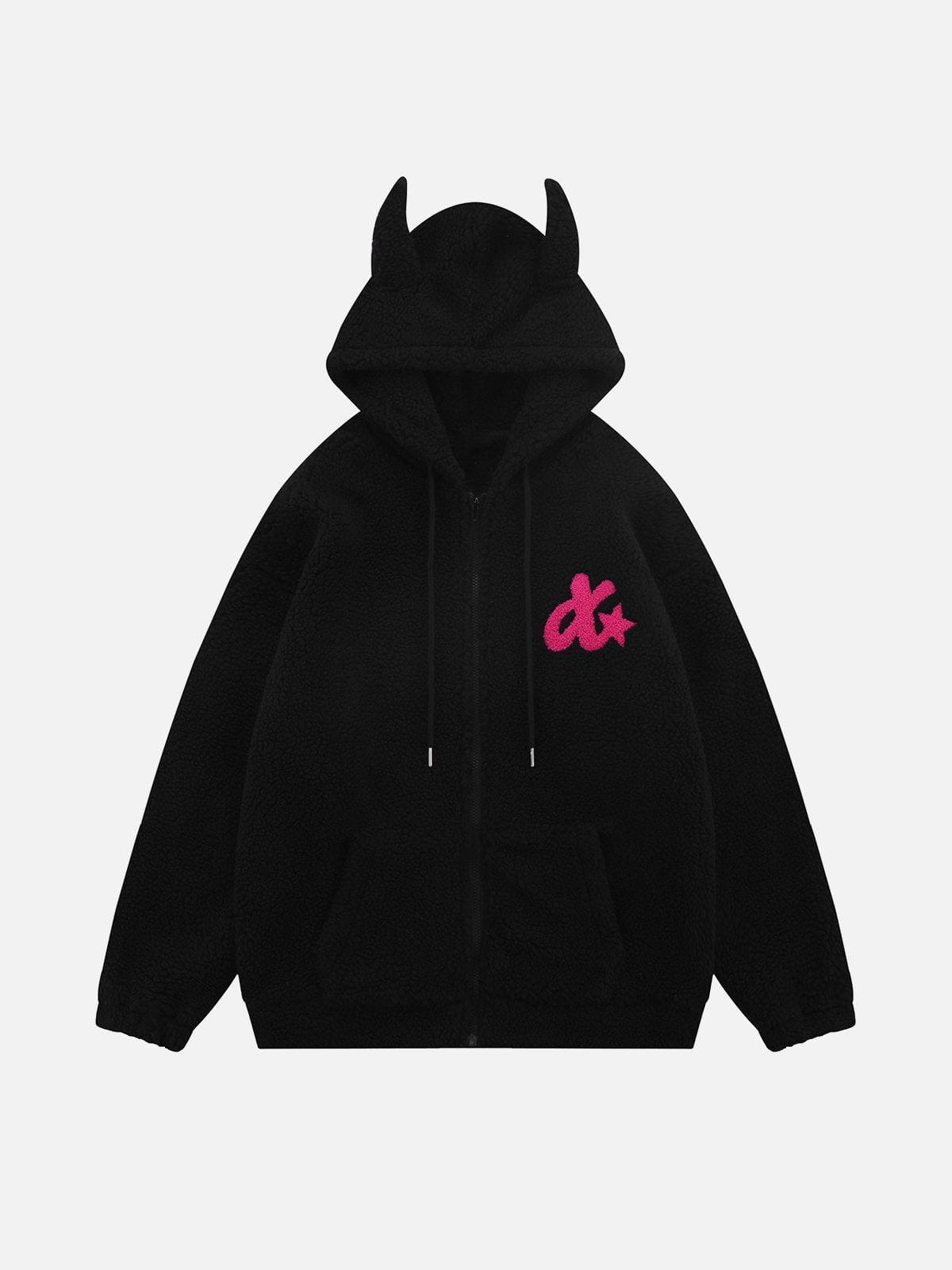 LUXENFY™ - Embroidered Letters Devil Horns Hoodie Sherpa Coat luxenfy.com
