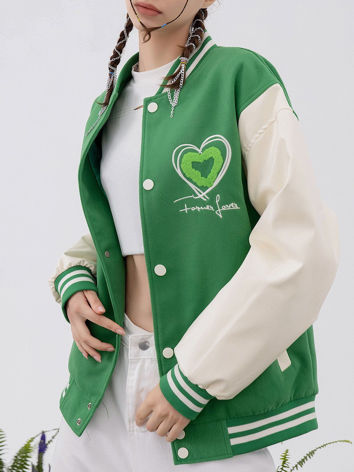 LUXENFY™ - Heart-shaped Print Varsity Jacket luxenfy.com