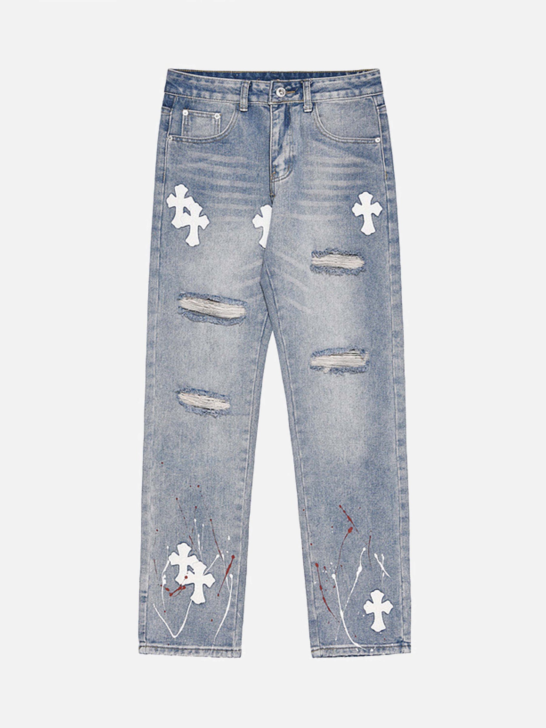 LUXENFY™ - High Street Cross Hole Splash Ink Straight Loose-fitting Jeans-1476 luxenfy.com