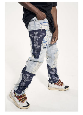 LUXENFY™ - Ripped Jesus Patchwork Jeans -1213 luxenfy.com