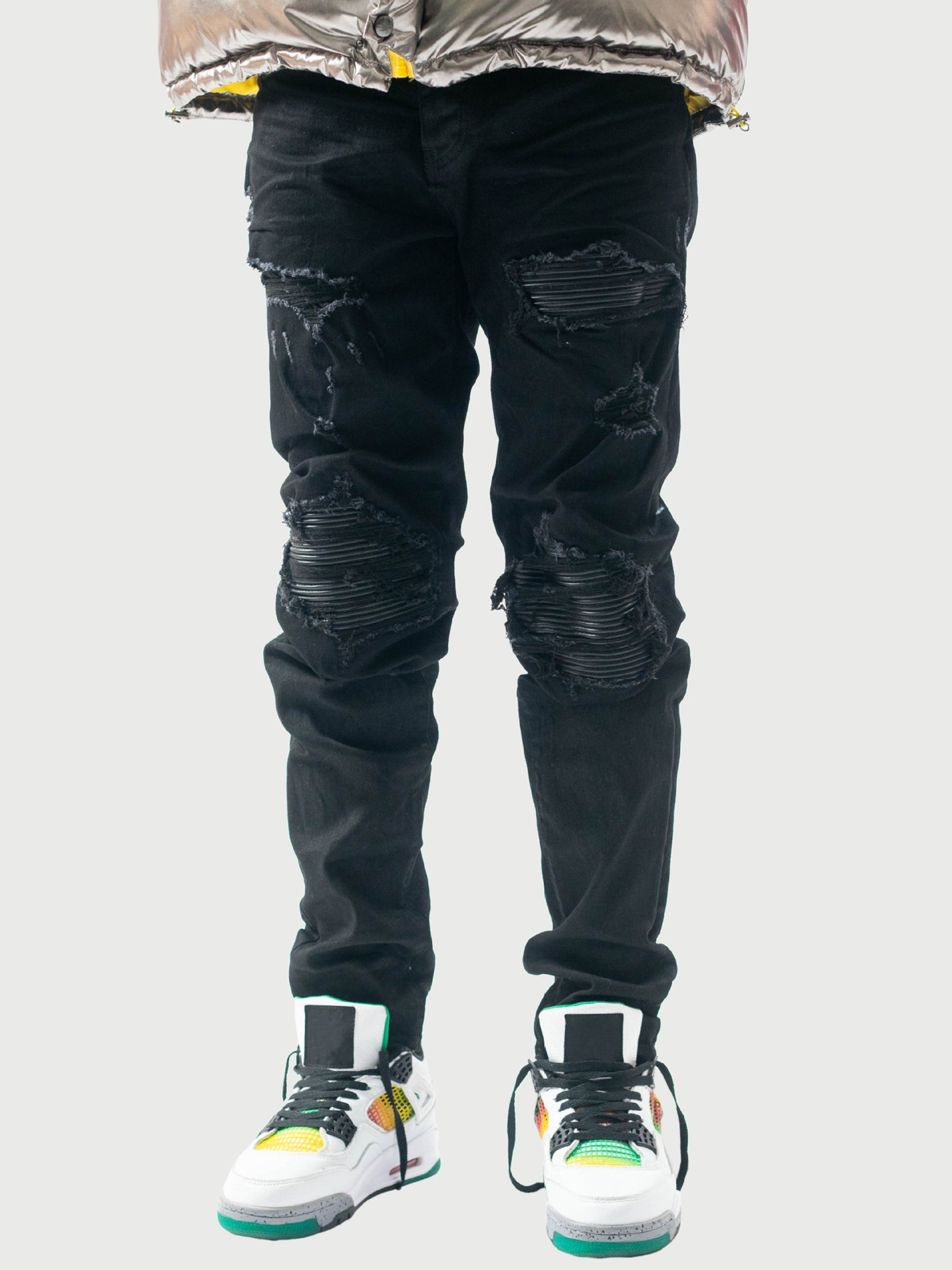 LUXENFY™ - Ripped Patch Panel Leather Jeans -1049 luxenfy.com
